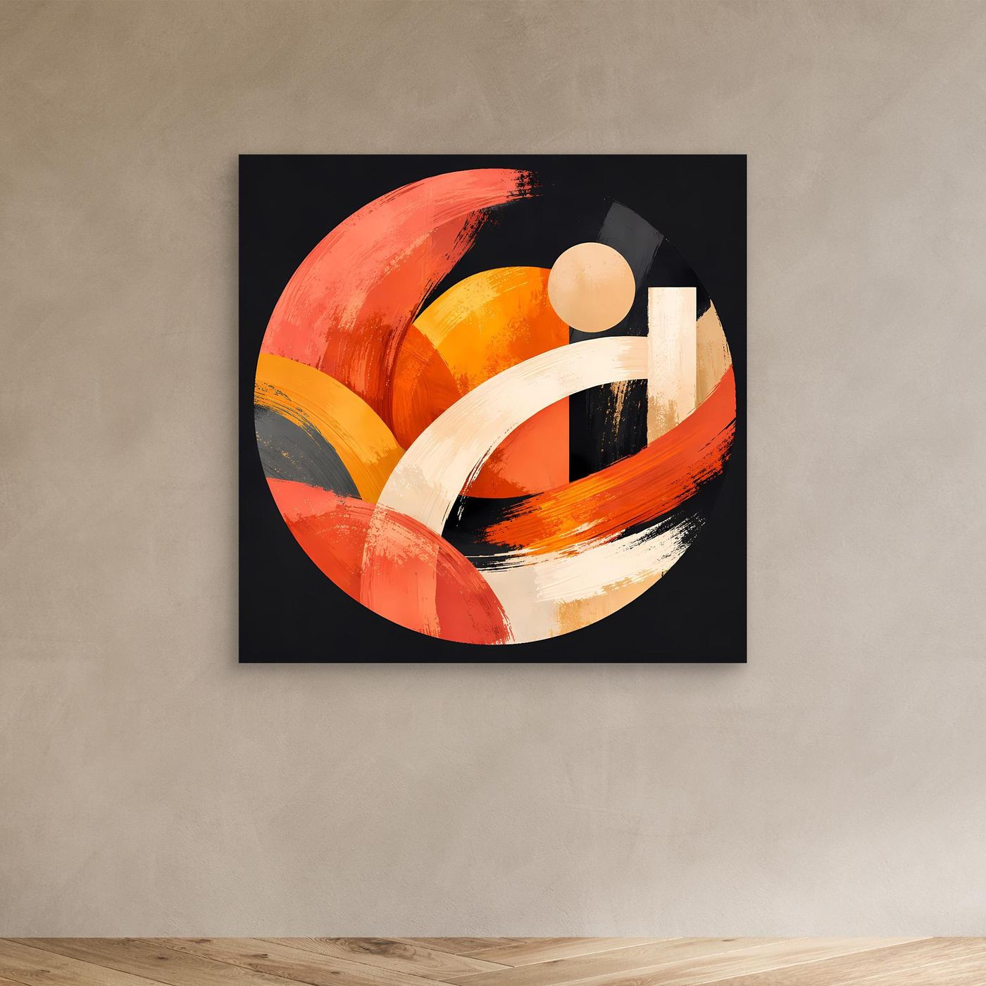 Leinwandbild mit geometrischem Kreis aus Pinselstrichen in Orange, Beige und Weiß, ohne Rahmen