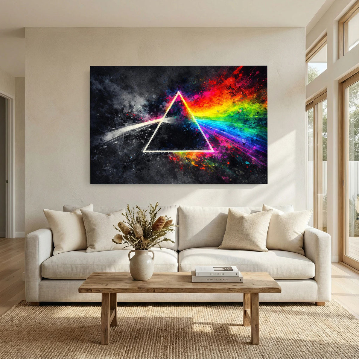 Wandbild im Querformat mit farbigen Lichtstrahlen und Prisma-Dreieck