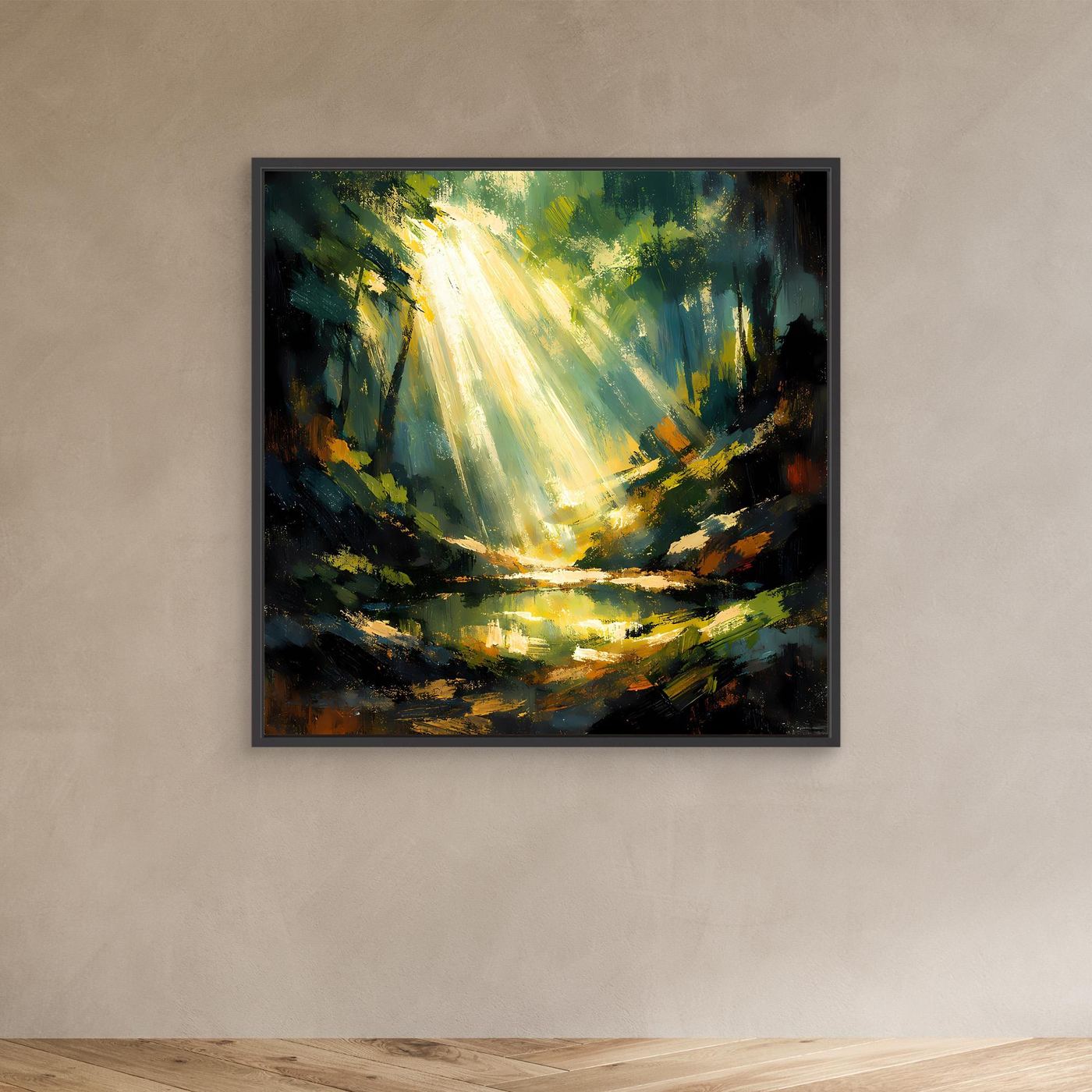 Leinwandbild: goldene Lichtstrahlen im Wald über Teich, mit schwarzem Rahmen