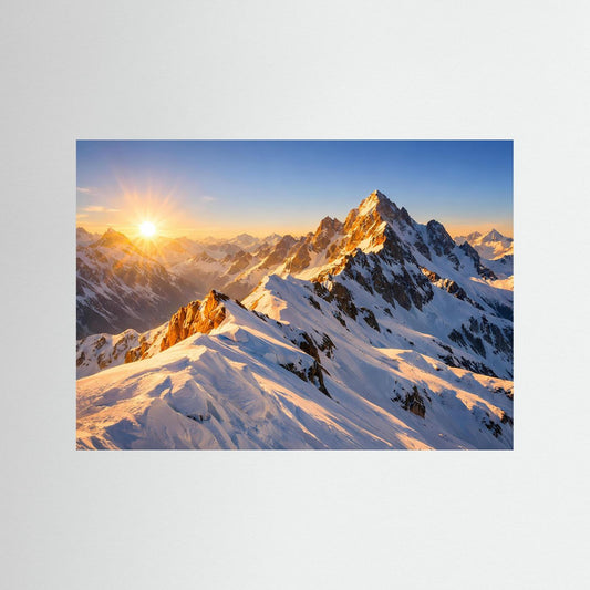 Querformatiges Poster mit Alpenmotiv: goldene Sonne über verschneiten Gipfeln, blauer Rand.