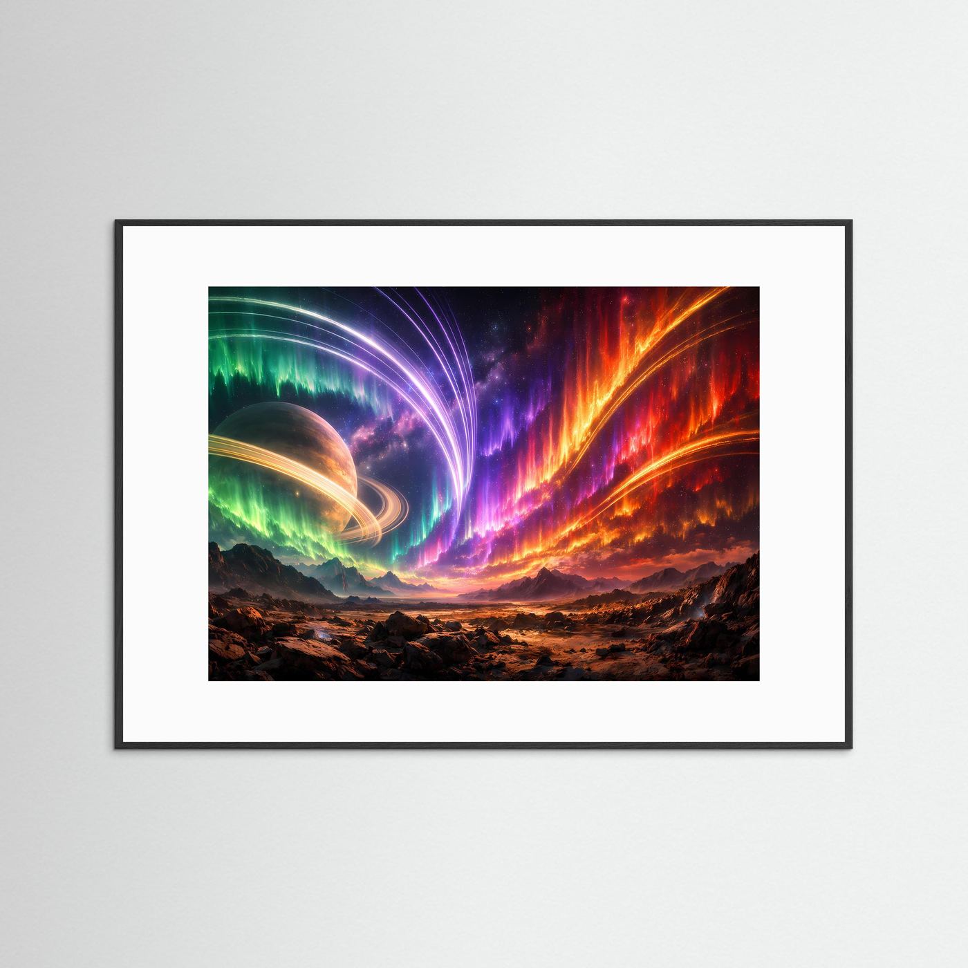 Querformat-Poster mit Polarlicht- und Ringplanet-Motiv, schwarzer Rahmen mit Passepartout