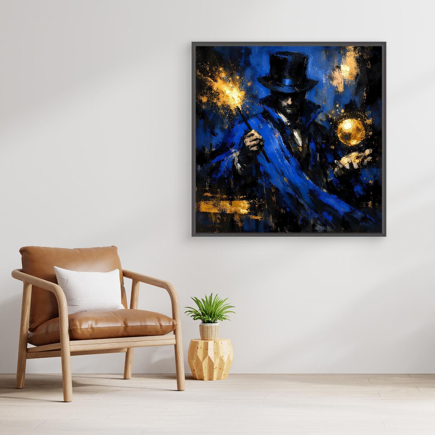 Leinwand Mystischer Magier in Blau und Gold | Abstraktes Fantasy Wandbild Moderne Kunst
