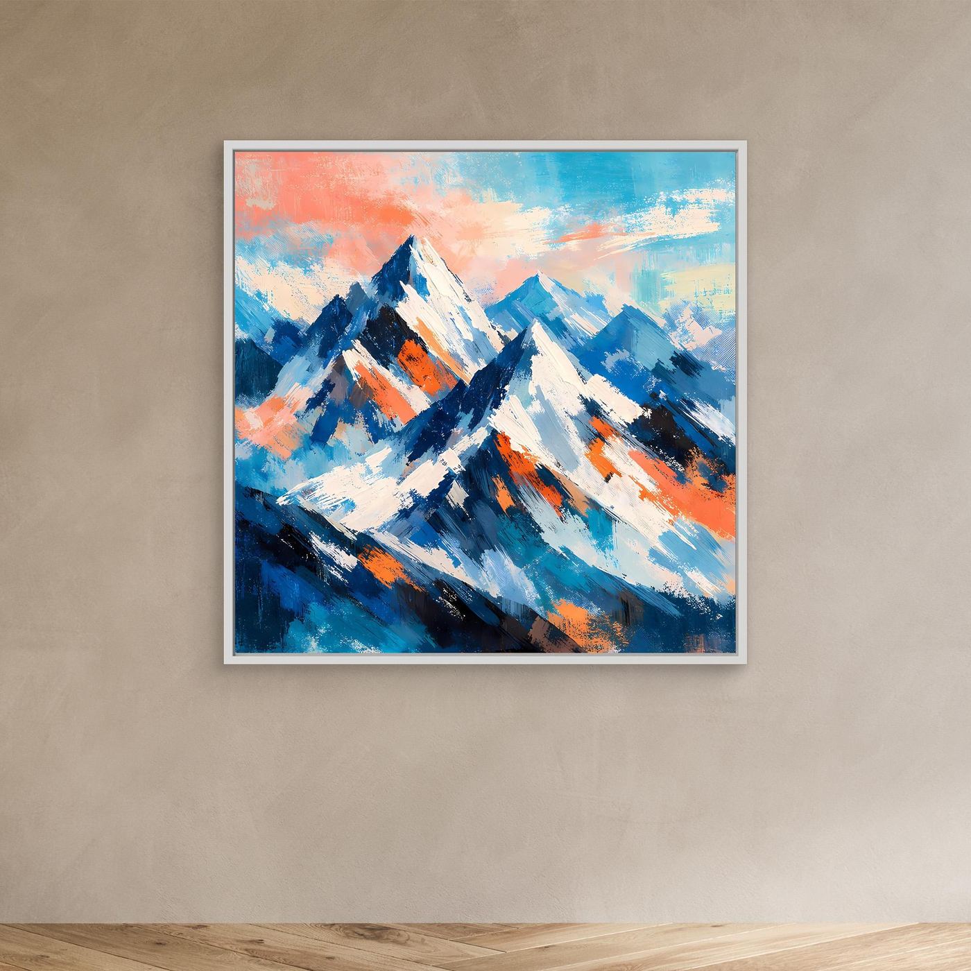 Abstraktes Leinwandbild Schneeberge, weißer Rahmen