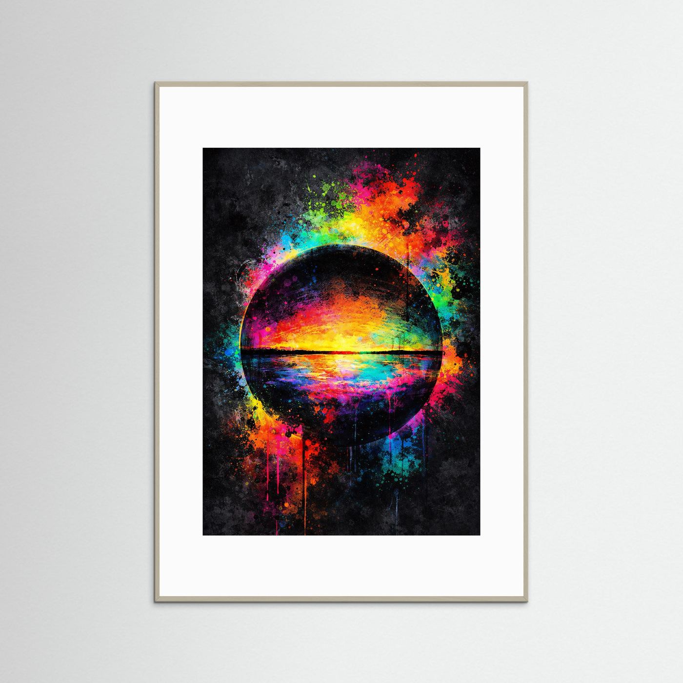 Abstraktes Kunstposter mit kosmischem Portal und farbigem Meereshorizont, grauer Rahmen