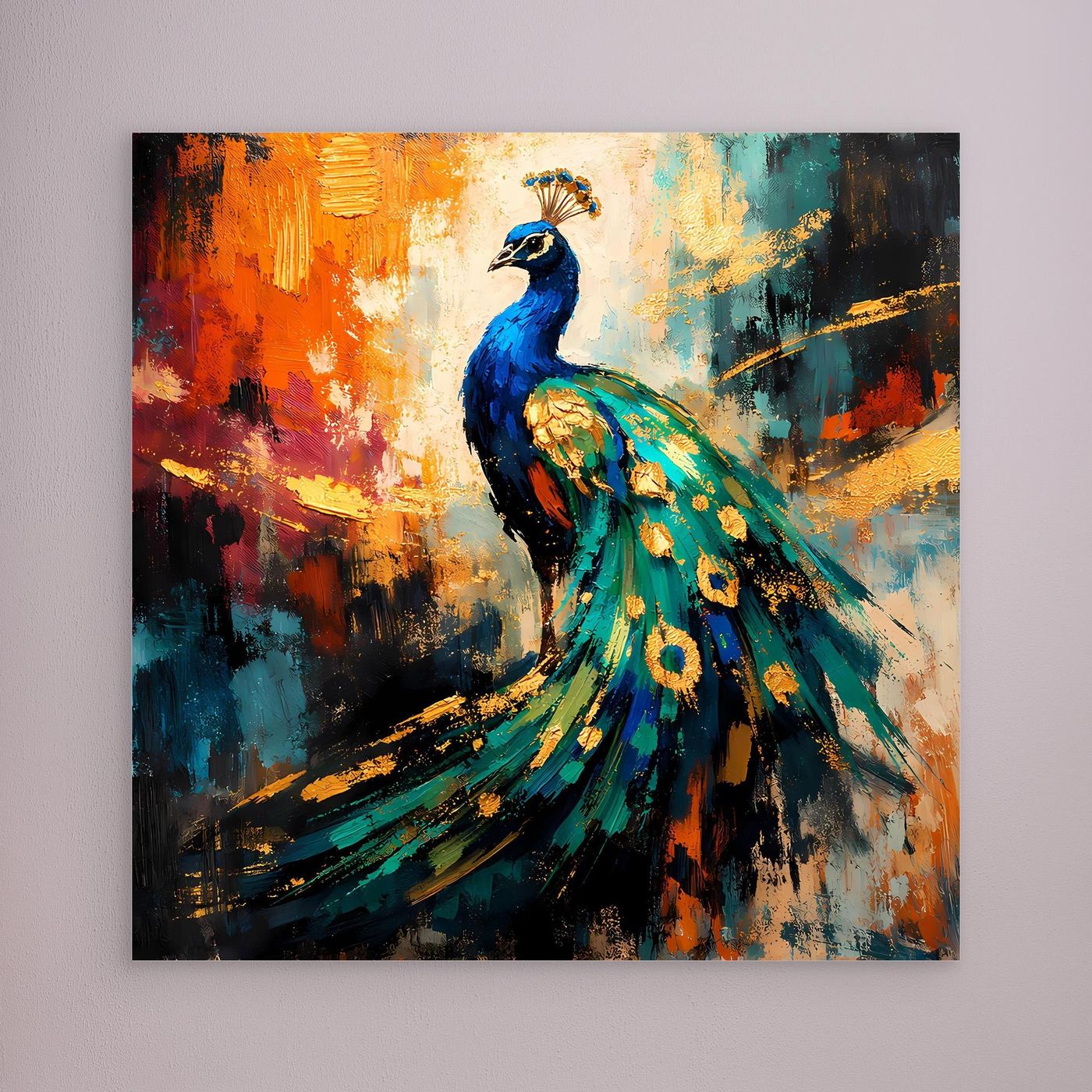Leinwandbild mit leuchtendem Pfau-Motiv, ohne sichtbaren Rahmen