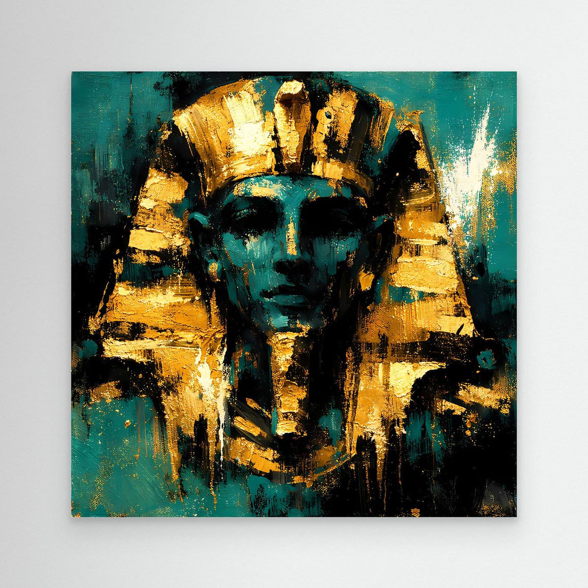 Leinwand-Wandbild mit Pharao in Türkis und Gold, ohne Rahmen