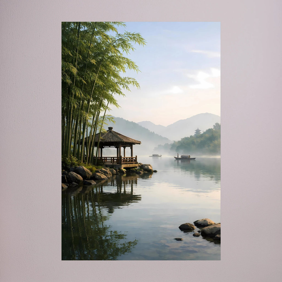 Hochformat-Wandbild mit Bambusallee am Wasser und über Wasser stehender Hütte