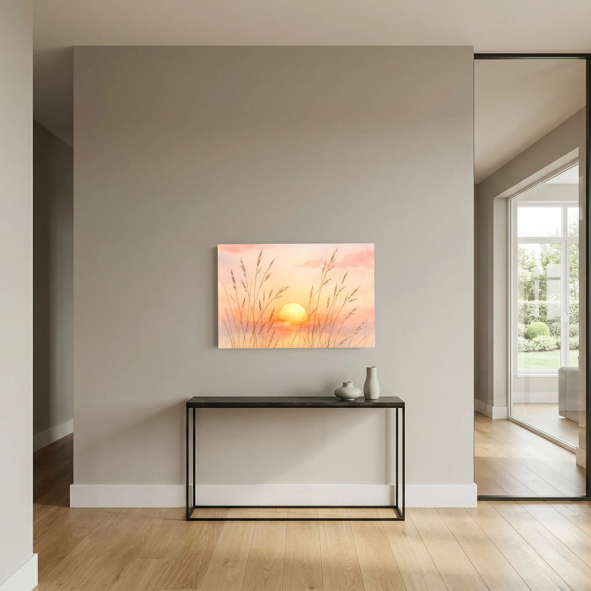 Wandbild (Querformat) mit Aquarell-Sonnenuntergang, goldener Sonne und Gräsern