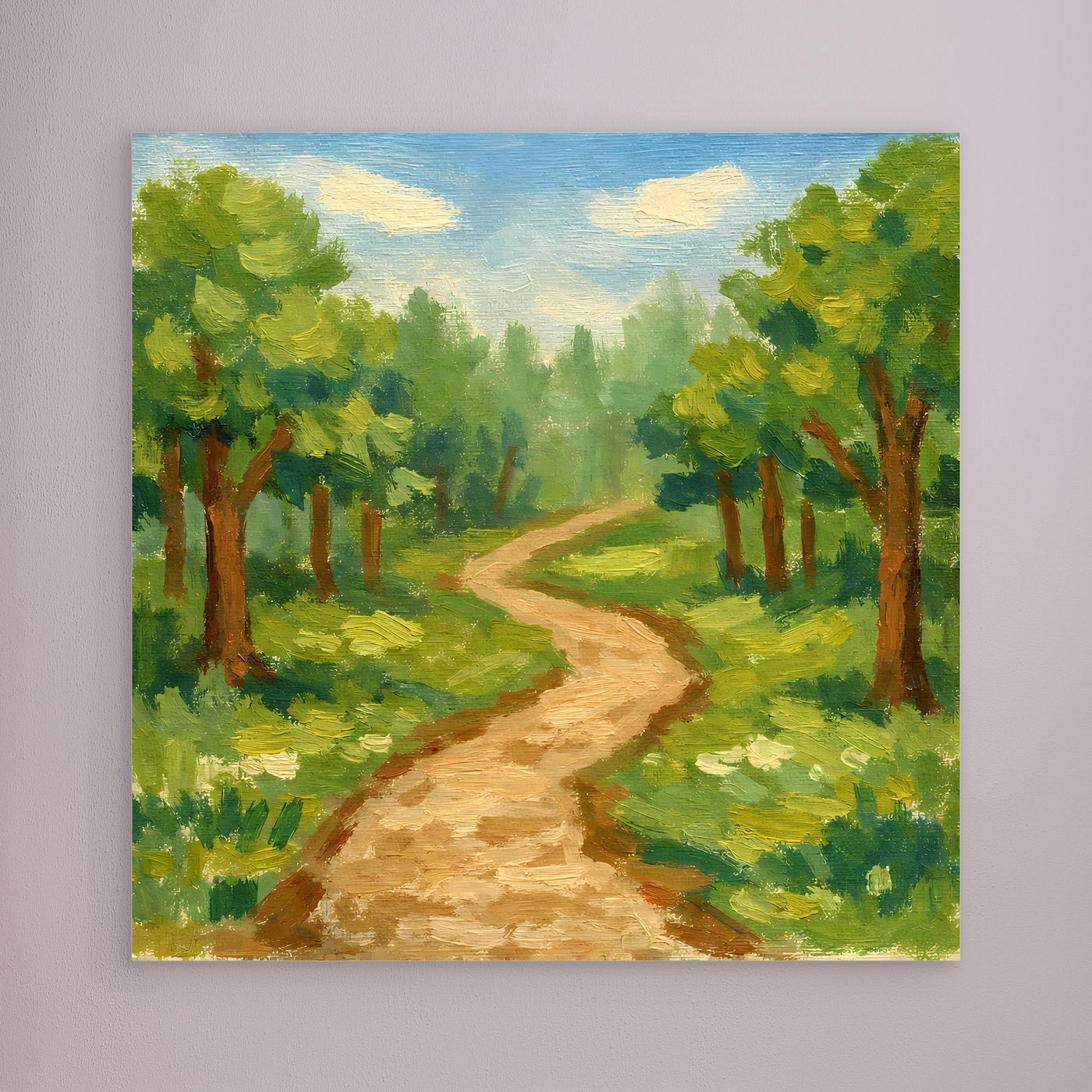 Leinwandbild Waldweg ohne sichtbaren Rahmen; grüner Wald und goldener Pfad