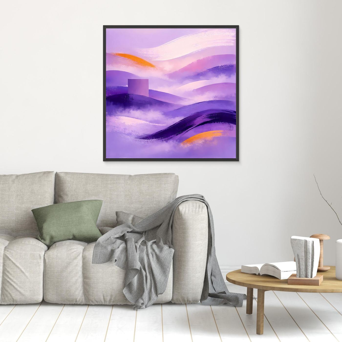Quadratisches Leinwandbild mit abstrakter lila Berglandschaft, orange Akzenten, schwarzer Rahmen