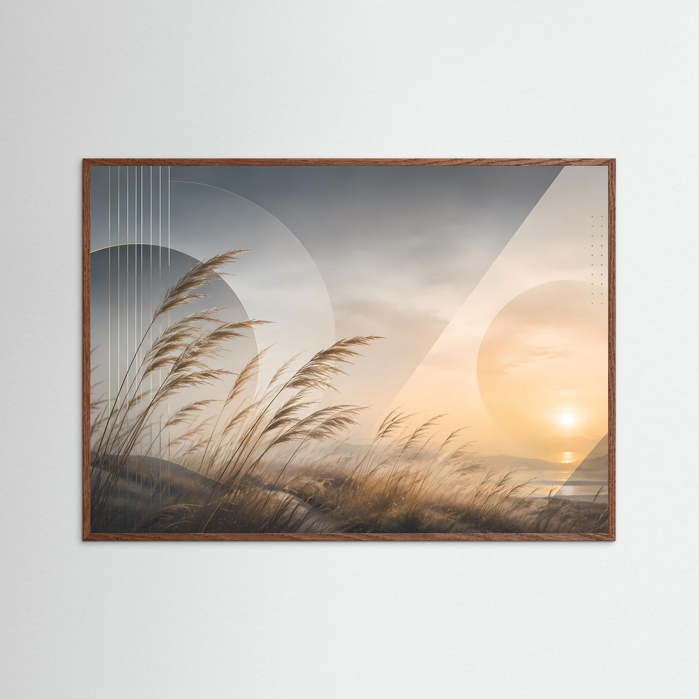 Wandbild mit Gräsern im Abendlicht in Beige- und Goldtönen, dunkler Eichenrahmen