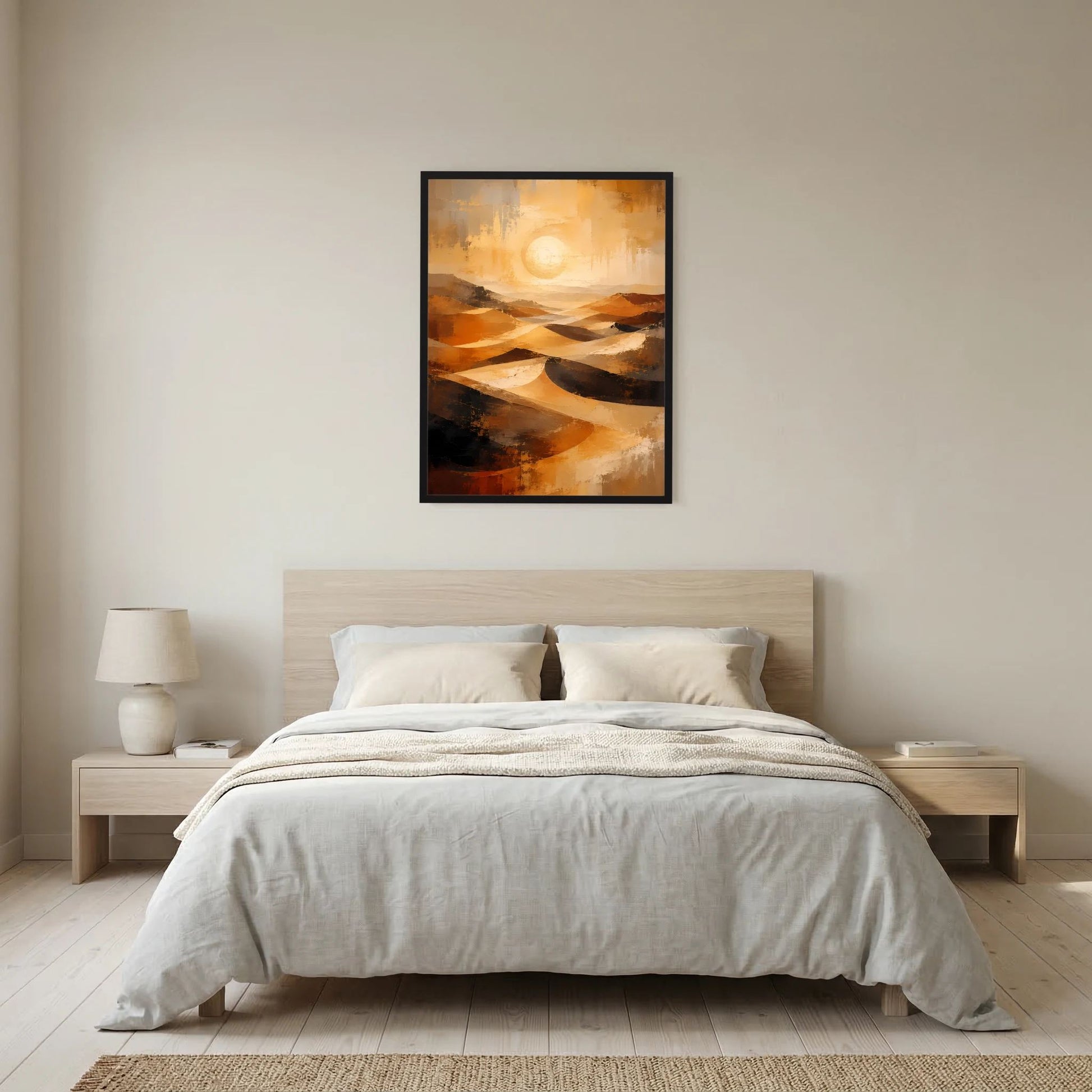 Gerahmtes Hochformat-Poster mit abstrakter Wüstenlandschaft in Gold und Orange