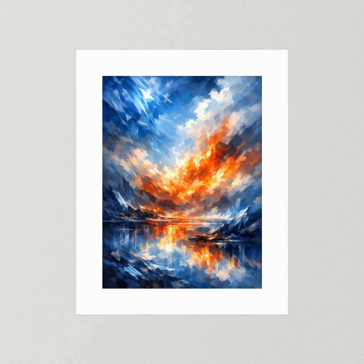 Hochformat-Poster mit abstrakter Landschaft in Blau und Orange, im weißen Passepartout (ohne Rahmen).