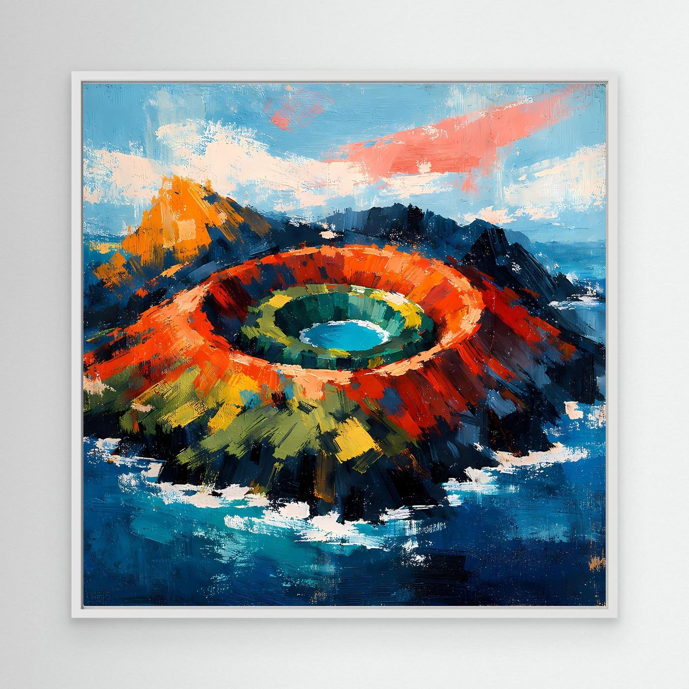 Abstraktes Leinwand-Wandbild mit Vulkankrater im Meer, farbige Spritzer, weißer Rahmen