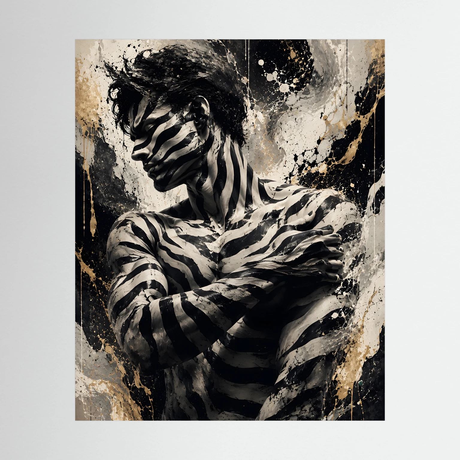 Wandposter mit abstrakter Zebra-Figur in Schwarz und Beige auf hellem Grund