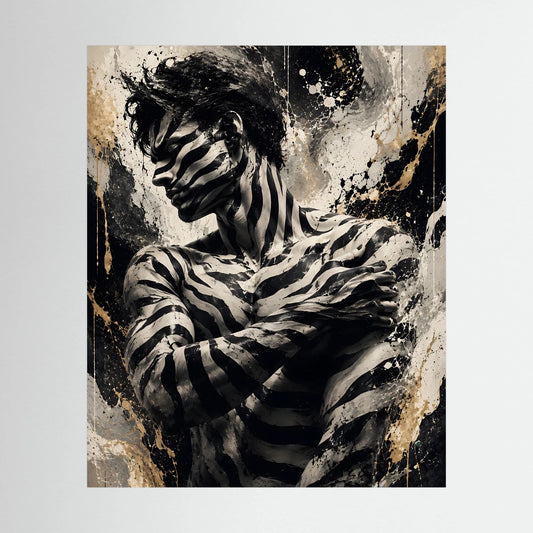 Wandposter mit abstrakter Zebra-Figur in Schwarz und Beige auf hellem Grund
