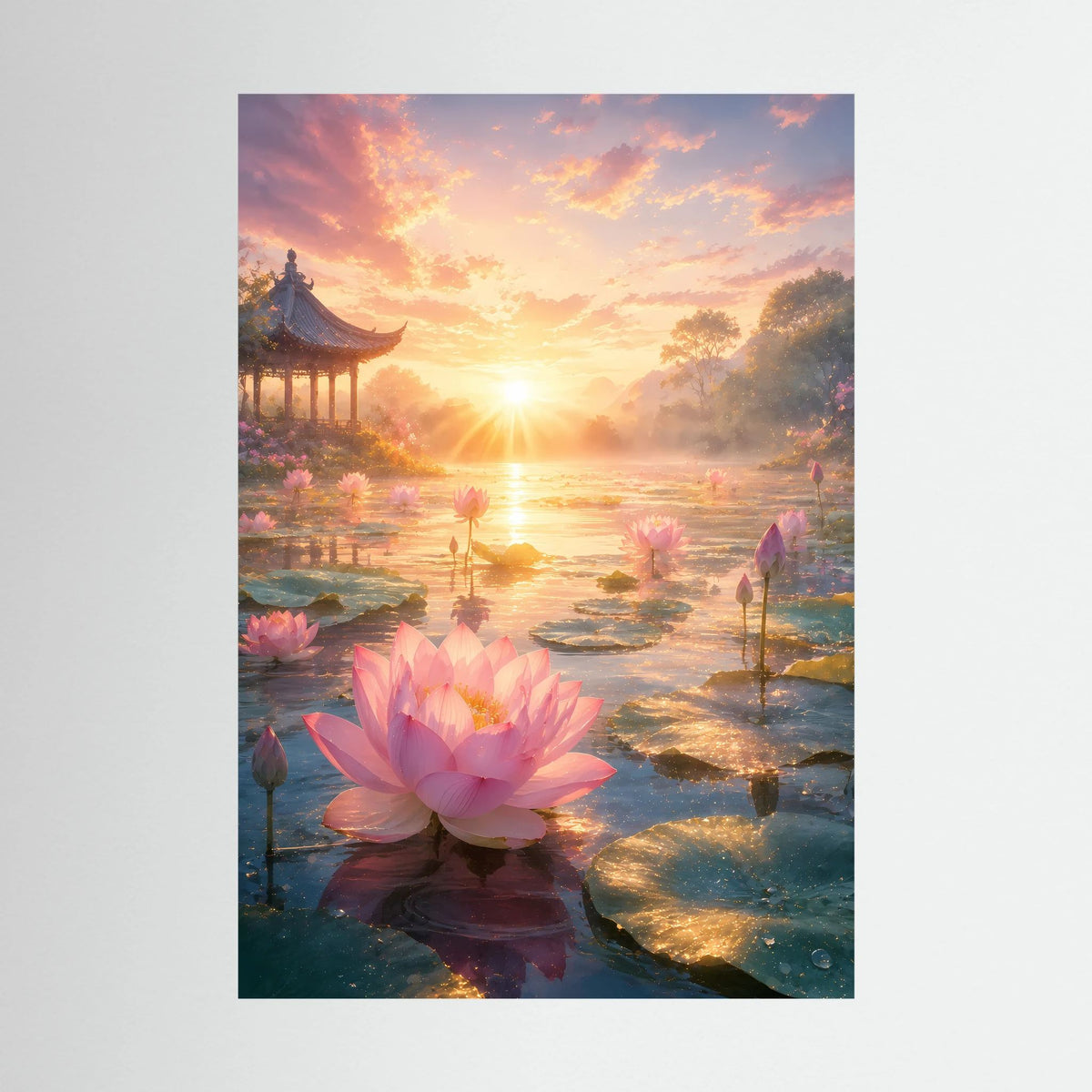 Poster im Hochformat mit rosa Lotusblüte vor ruhigem Teich bei goldenem Sonnenaufgang