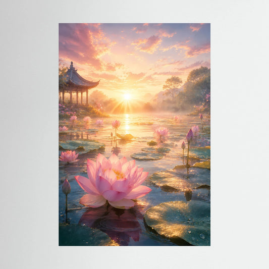 Poster im Hochformat mit rosa Lotusblüte vor ruhigem Teich bei goldenem Sonnenaufgang