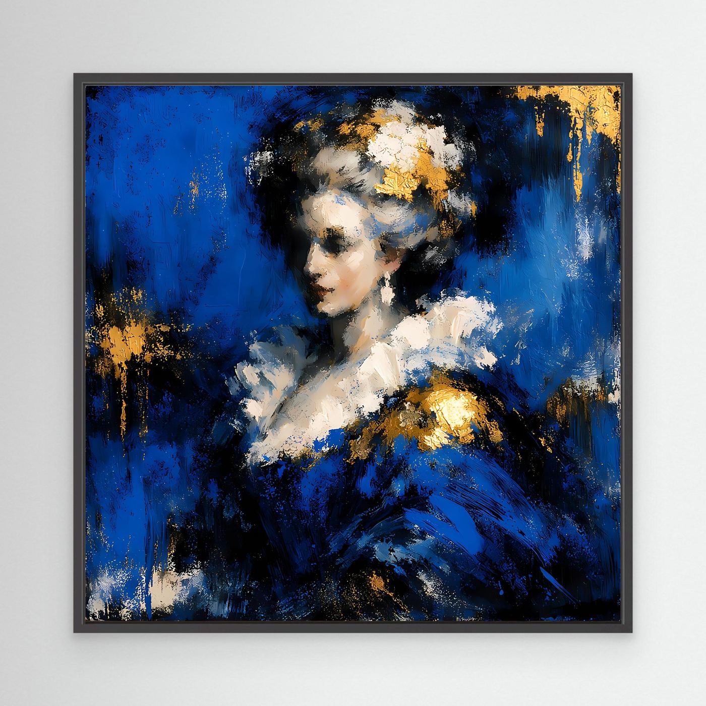 Leinwand Elegante Barock-Dame in Blau und Gold | Abstraktes Porträt Wandbild
