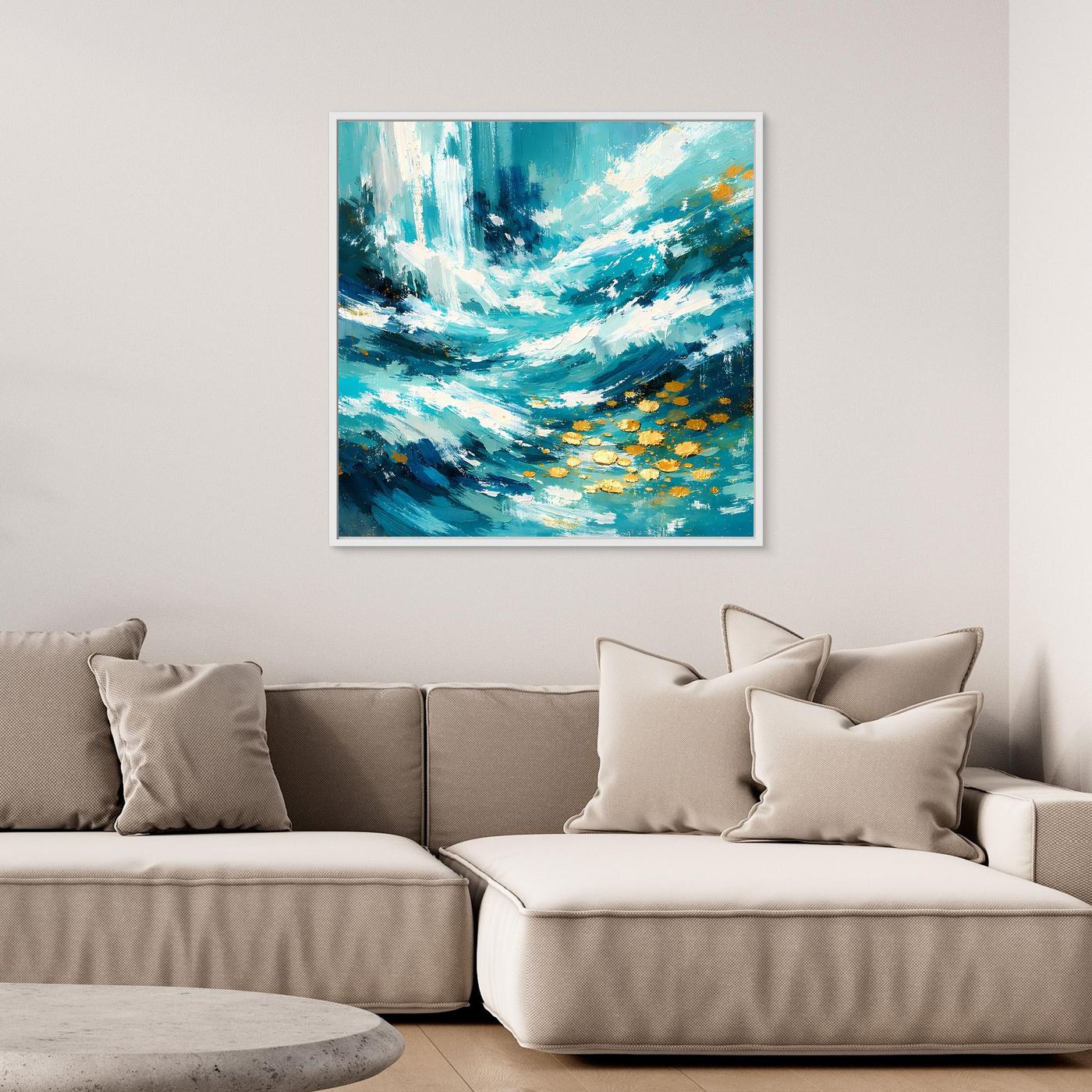 Gerahmtes abstraktes Ozean-Wandbild auf Leinwand mit türkis-blauen Wellen und goldenen Akzenten