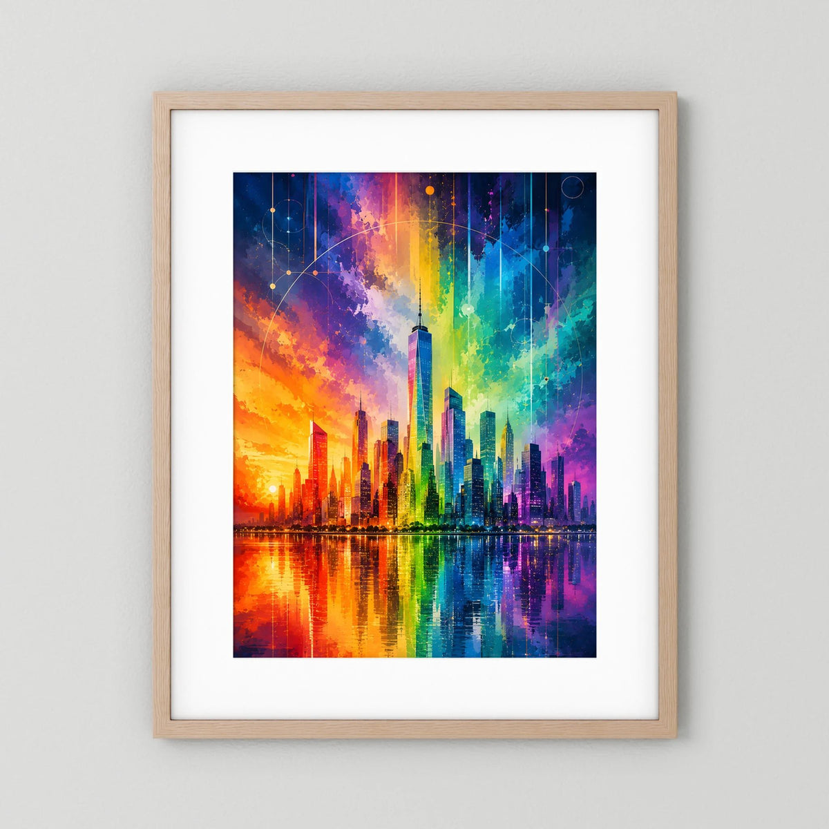 Poster mit abstrakter Regenbogen-Skyline und Reflexion im Wasser, Holzrahmen (hellbraun)