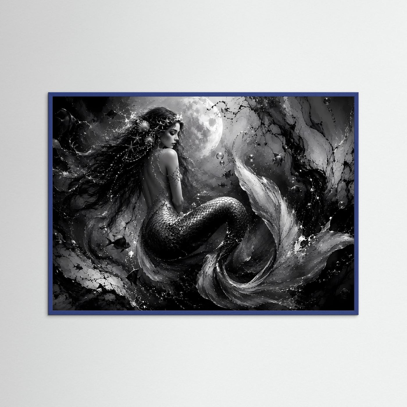 Mystische Meerjungfrau in Schwarz-Weiß | Elegantes Fantasy Poster Querformat