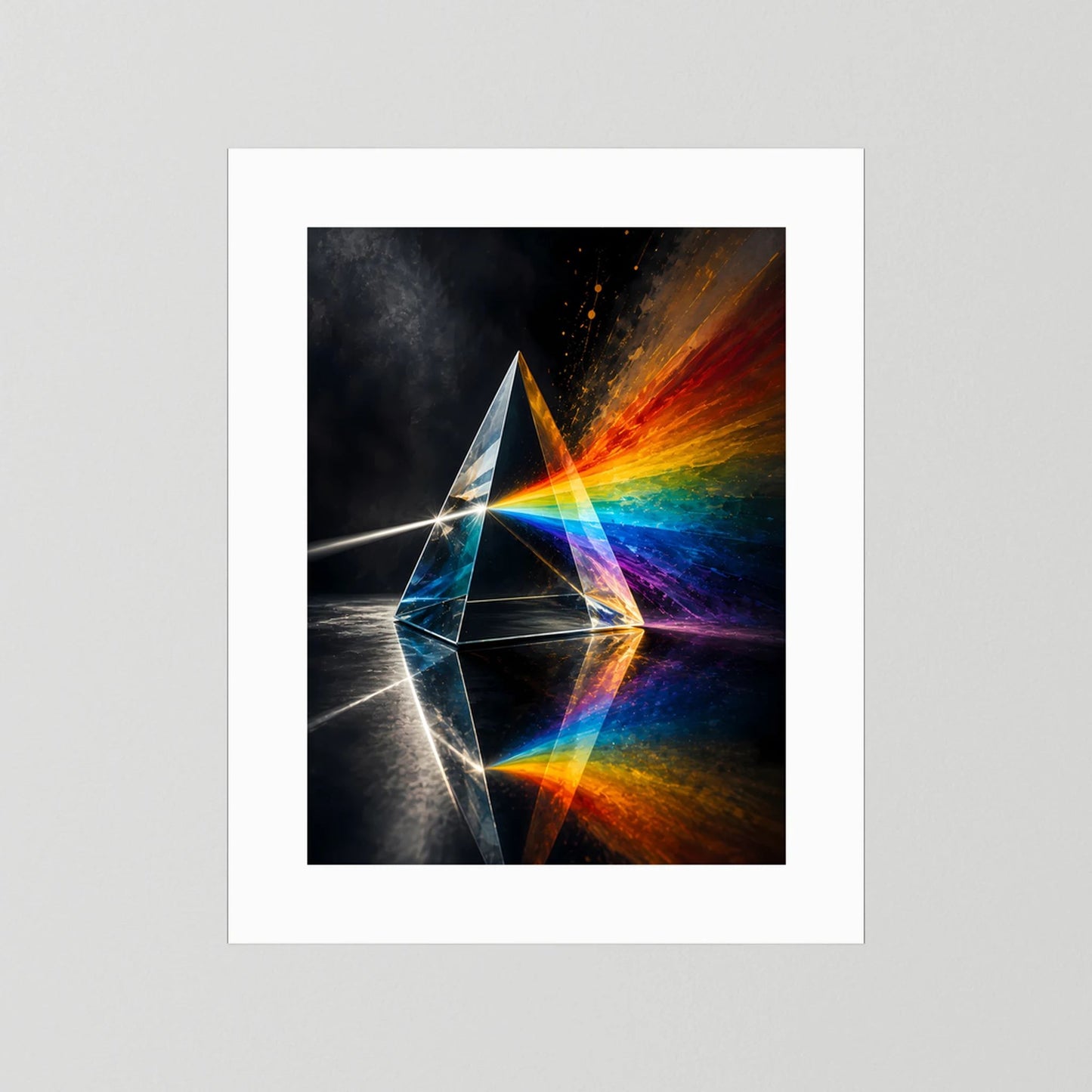 Poster mit Regenbogen-Prismenmotiv und weißem Rahmen auf hellem Grund