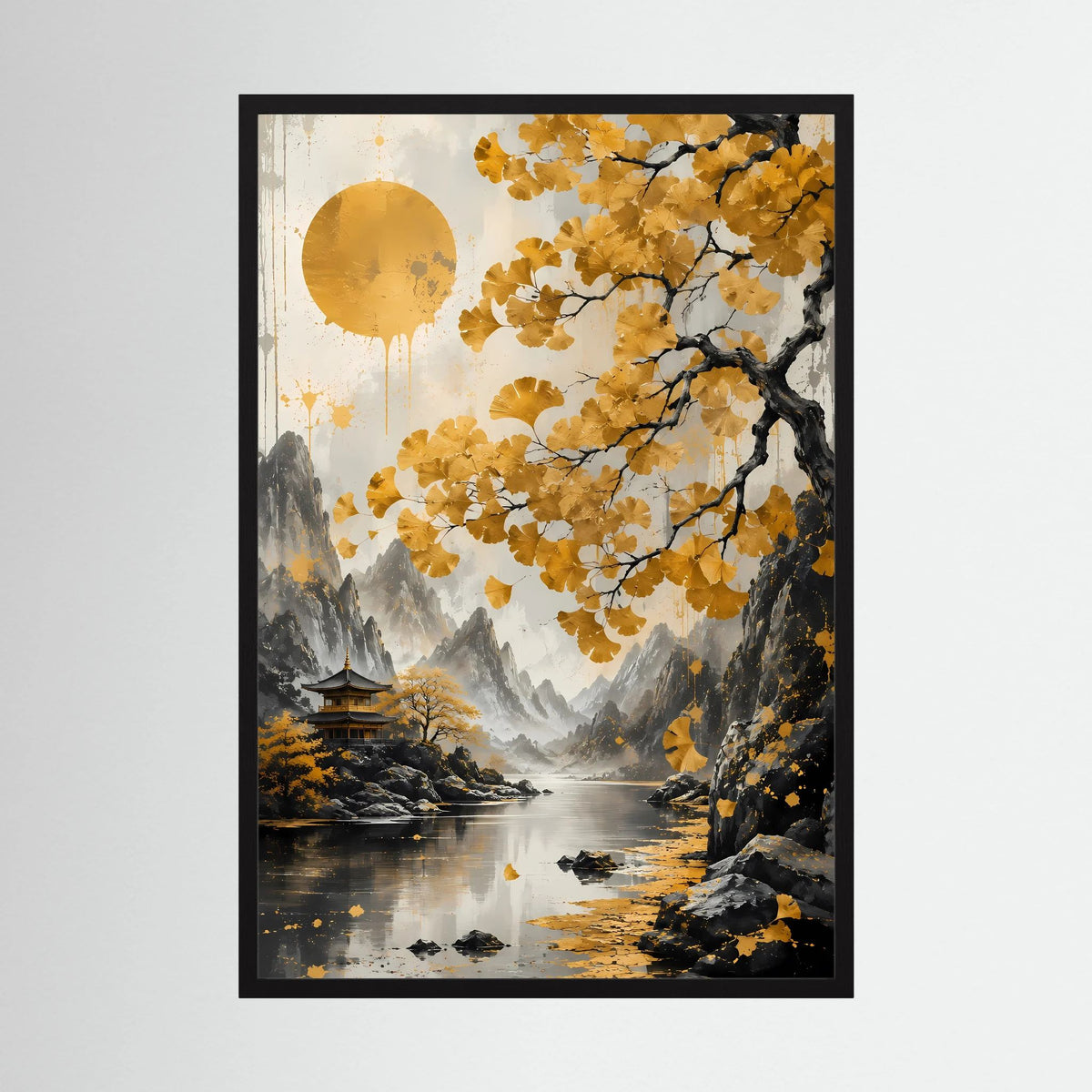 Schwarzer gerahmter Hochformat-Druck mit asiatischer Landschaft, goldenem Blütenbaum, See und Tempel