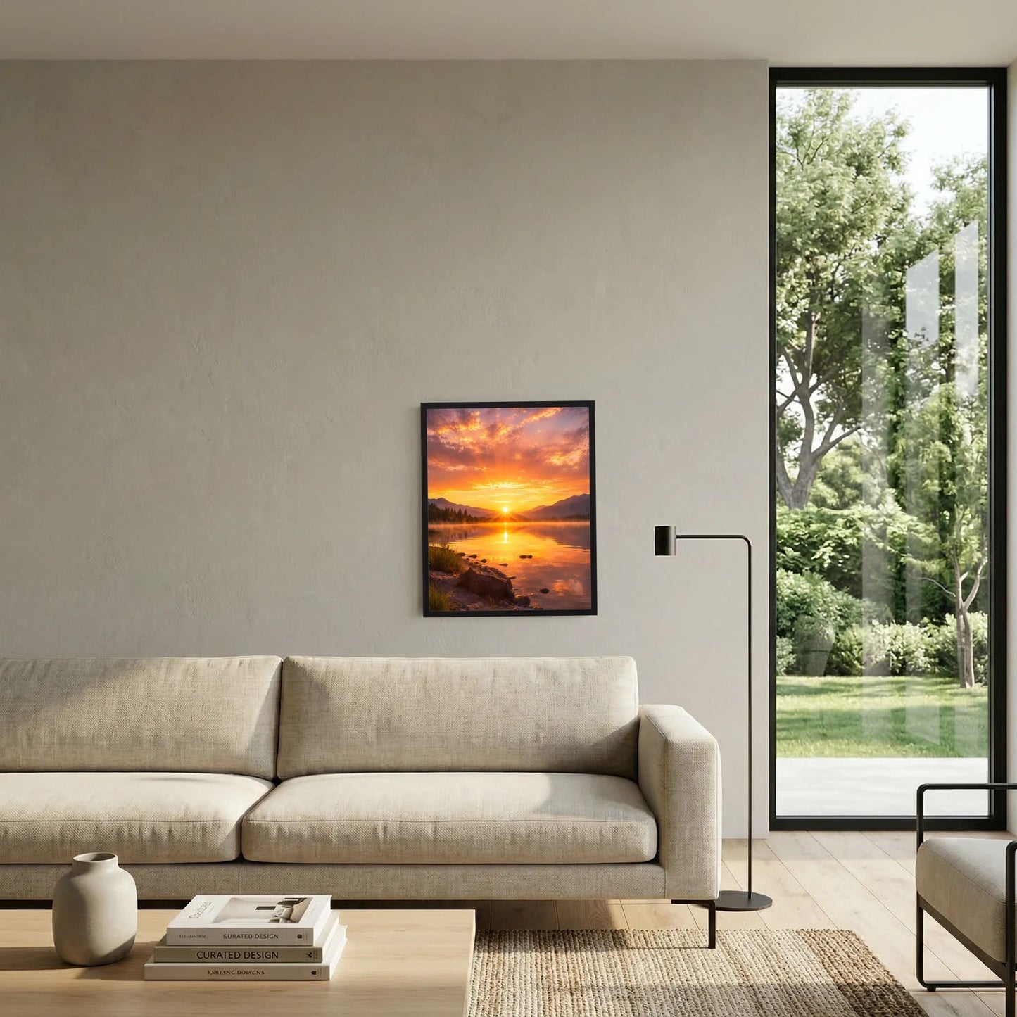 Gerahmtes Poster im Hochformat mit Sonnenuntergang am Bergsee und reflektiertem Abendhimmel
