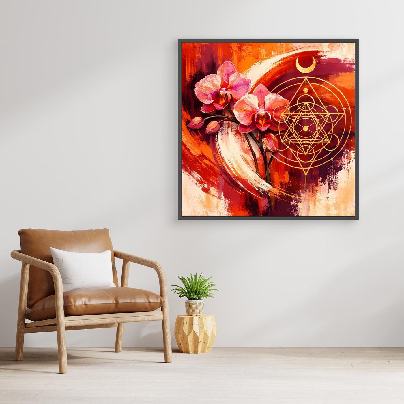 Wandbild mit Orchidee, goldenen Linienkreisen und Halbmond über orange-rotem Hintergrund