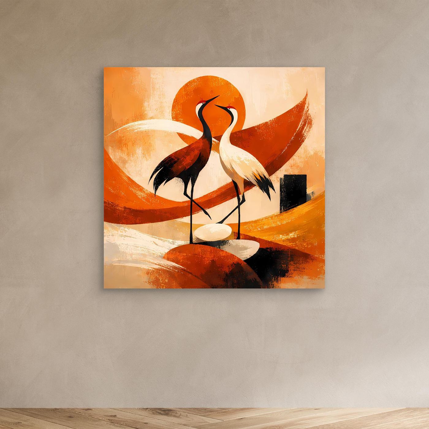 Leinwand-Wandbild mit zwei Kranichen und orangefarbener Sonne, abstrakte Pinselstriche und Flecken.
