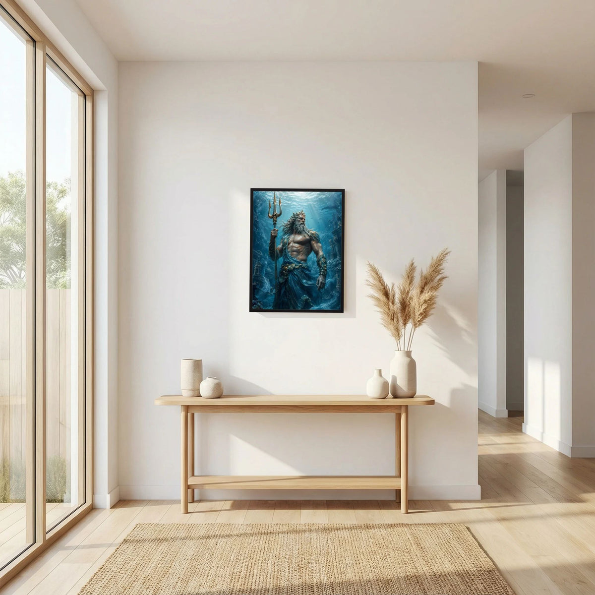 Hochformat-Poster mit Poseidon und Dreizack, Unterwassermotiv in Blau