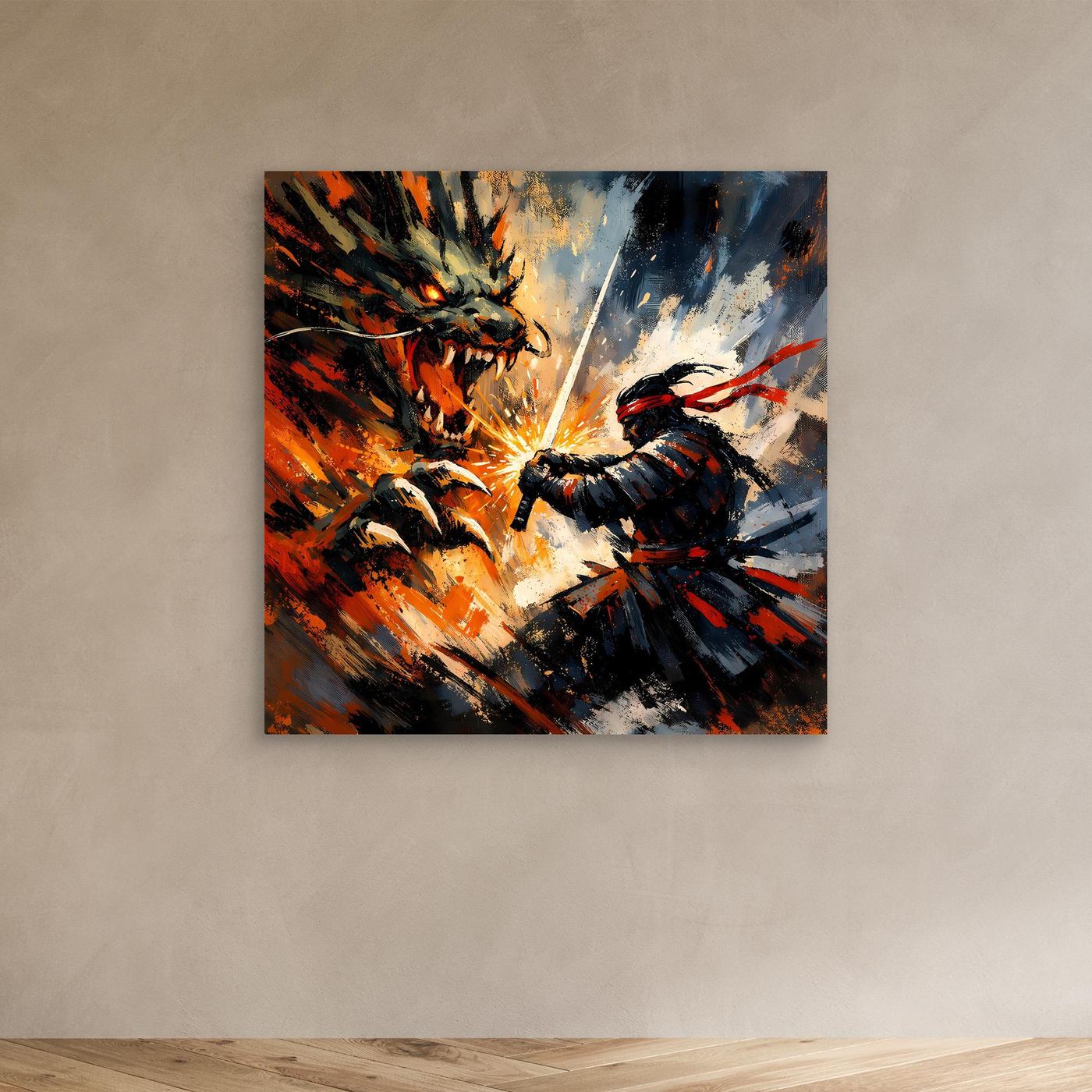 Premium Leinwand Samurai gegen Drache | Abstraktes Fantasy Wandbild Voller Dynamik & Kampfgeist