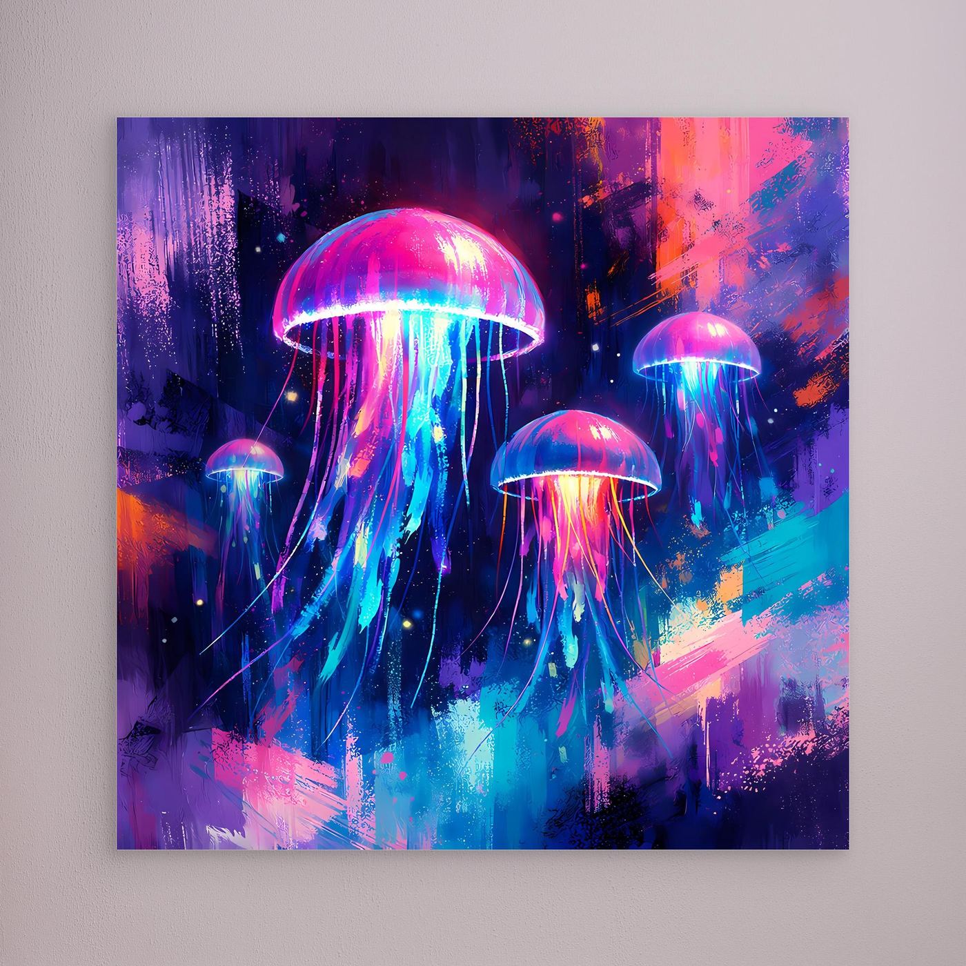 Leinwand Magische Leuchtquallen im Tiefsee-Ozean | Abstraktes Neon Wandbild