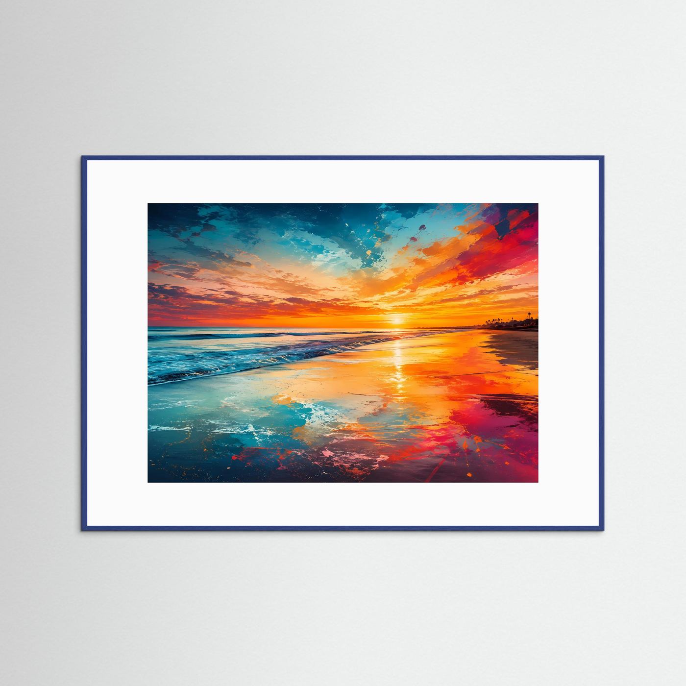 Sonnenuntergang am Strand Poster | Farbenfrohes Meerespanorama Wandbild | Moderne Küstenlandschaft mit leuchtendem Himmel