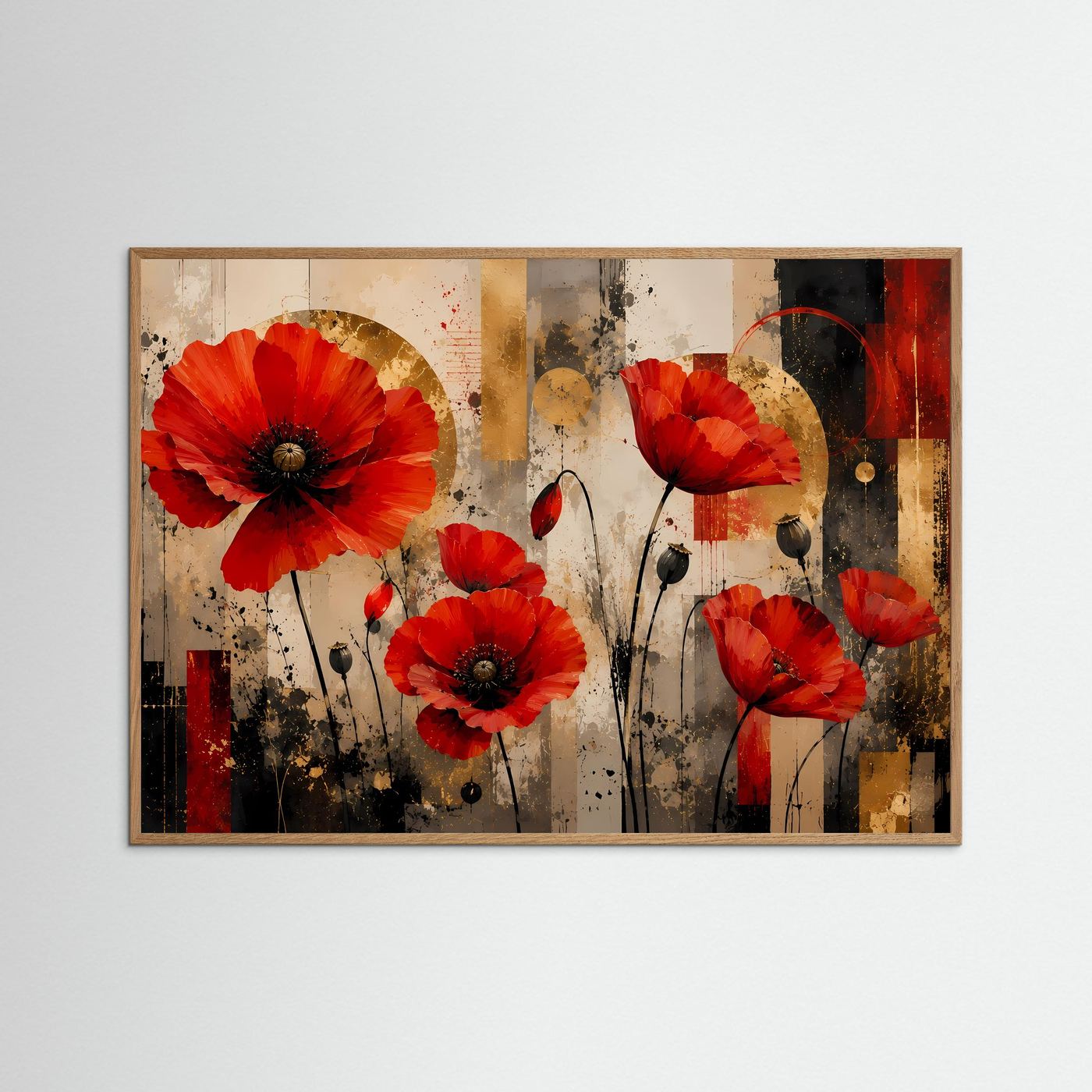 Leuchtende Mohnblumen in Rot & Gold | Abstrakte Blumen Kunst & Wandbild