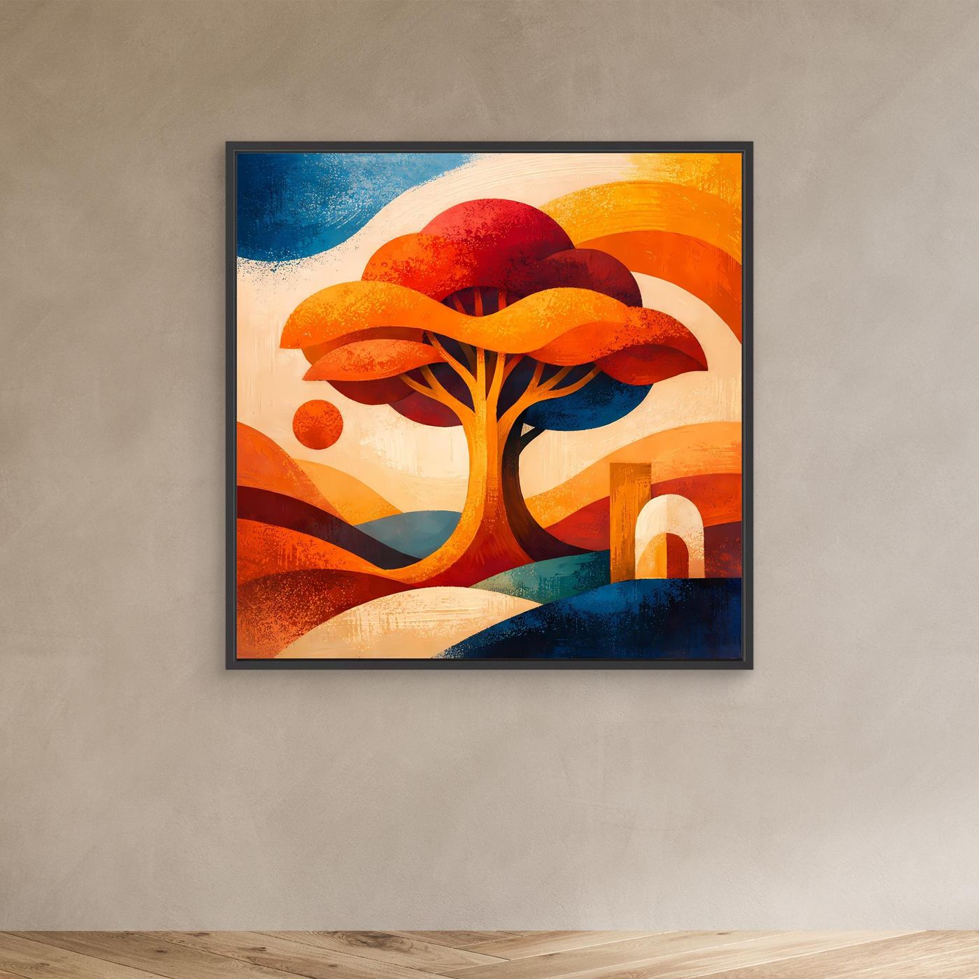 Leinwandbild mit abstraktem Lebensbaum im schwarzen Rahmen, orange-rote Krone und blau