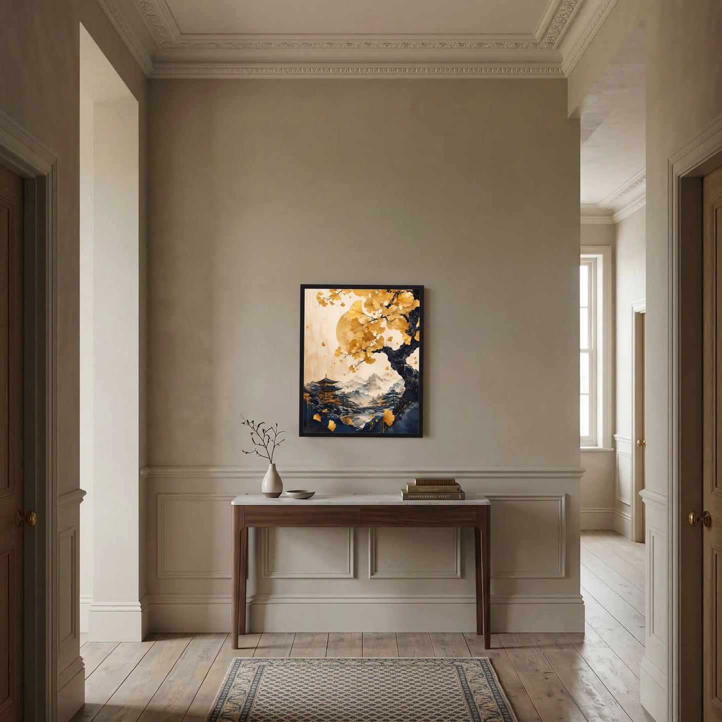 Poster im Hochformat mit Ginkgobaum, Pagode, Bergen und Fluss in goldblauer Farbwelt