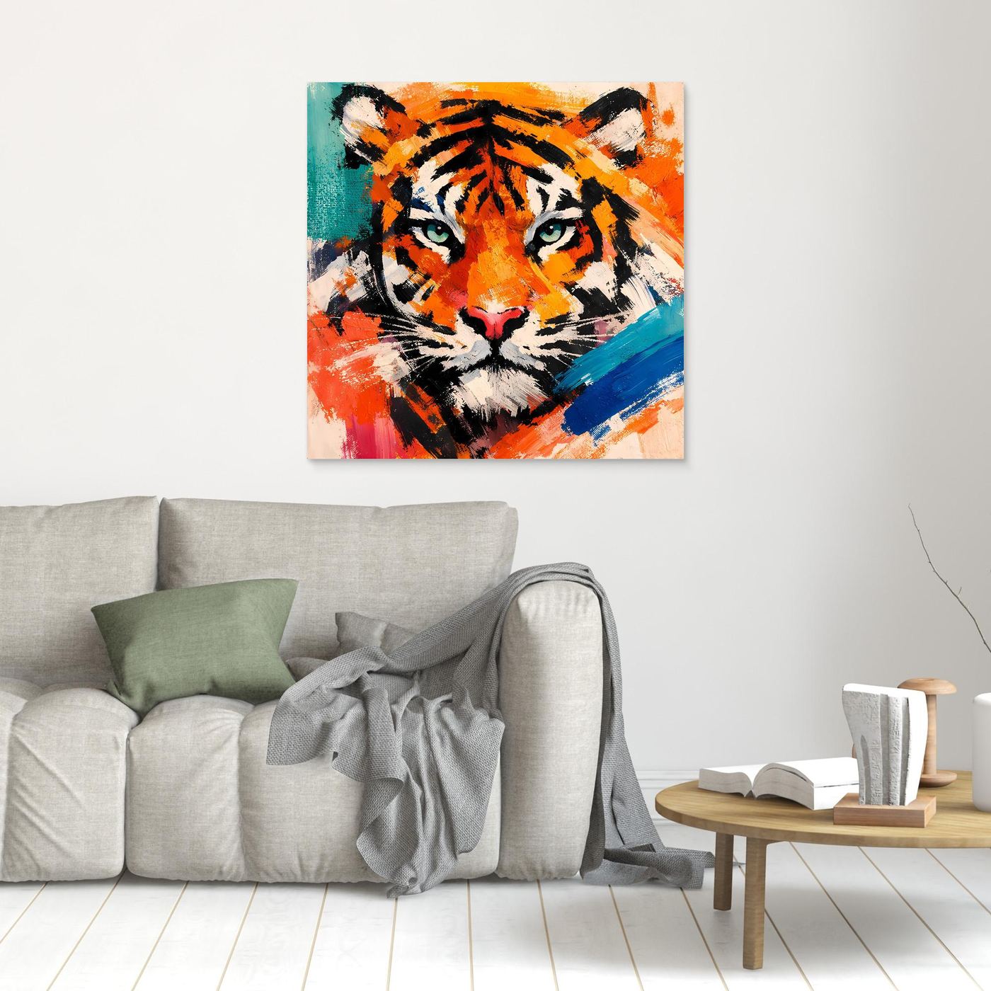 Abstract tiger canvas wall art with orange and teal brushstrokes; small unframed print.
