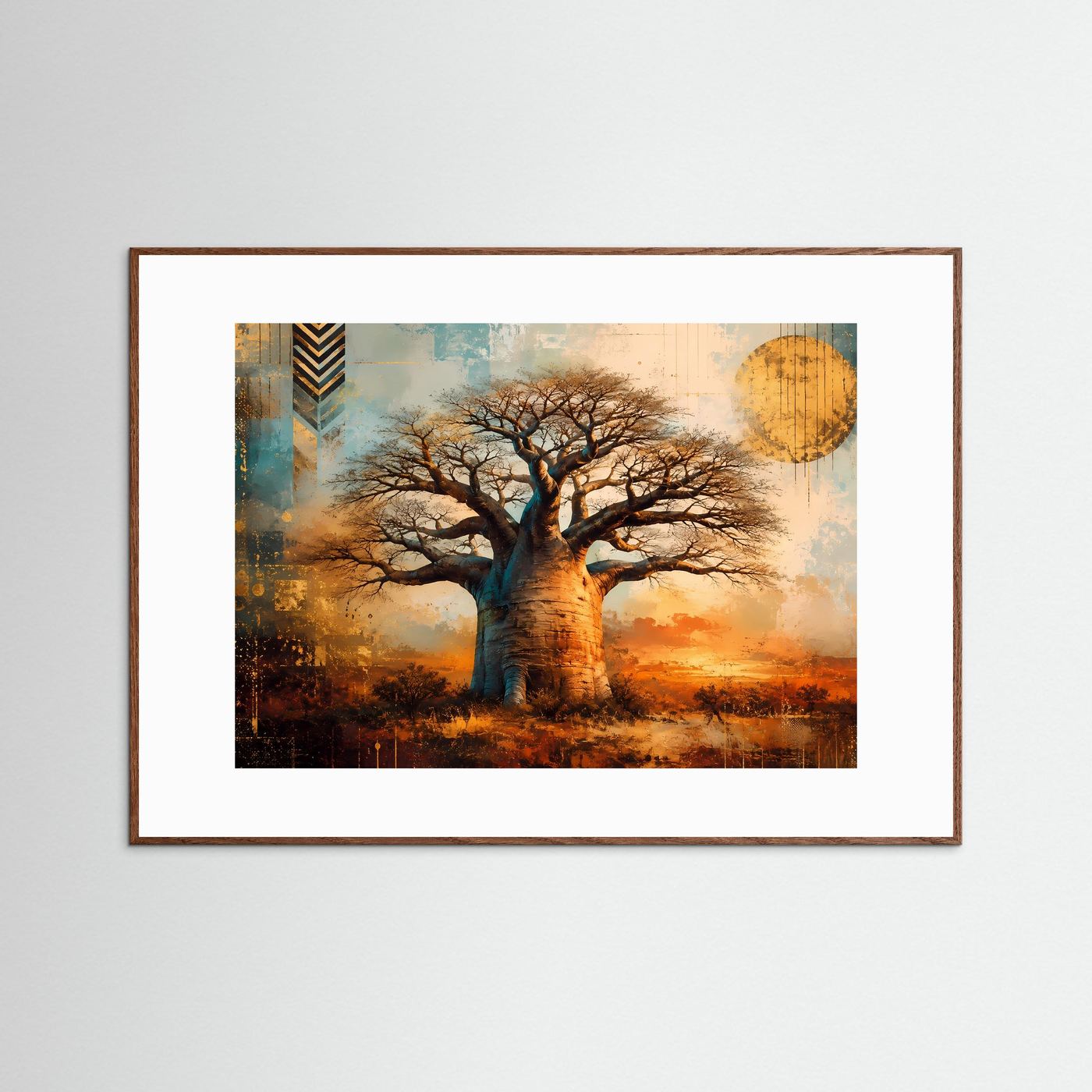 Majestätischer Baobab-Baum im Sonnenuntergang | Modernes Wandbild mit Natur-Motiv & Gold-Akzenten