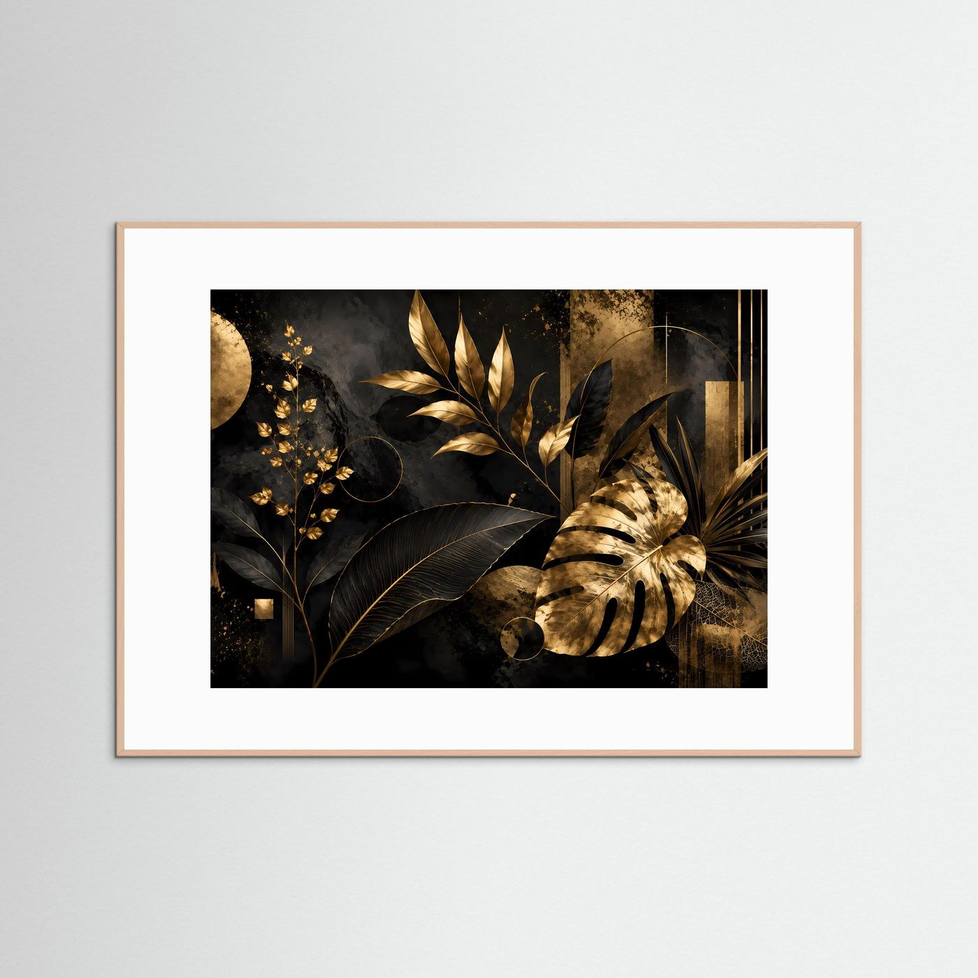 Poster (Querformat) mit Monstera-Blättern in Gold auf dunklem Hintergrund, hellerer Holzrahmen