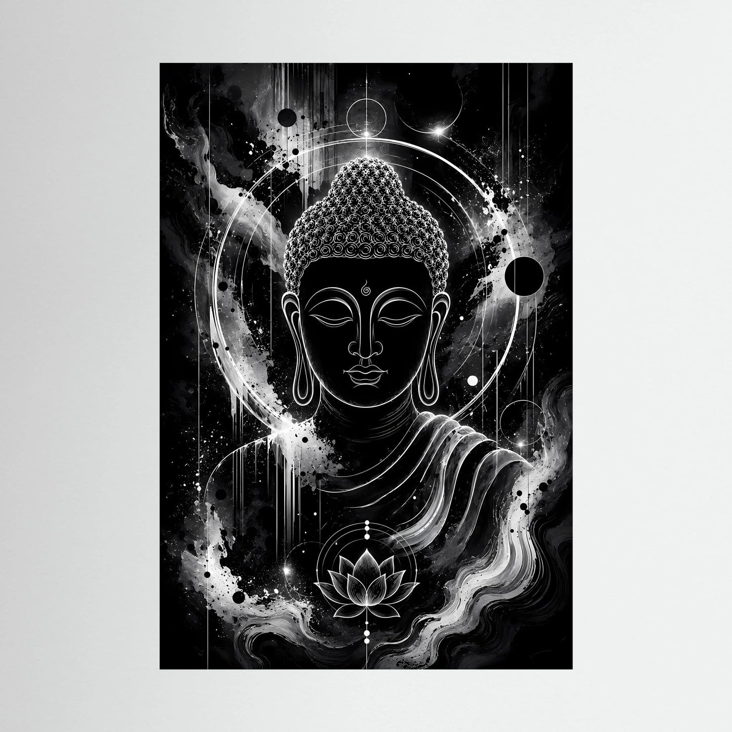 Hochformat-Poster mit Buddha in Schwarzweiß, Lotus und kosmischer Aura, komplett abgebildet