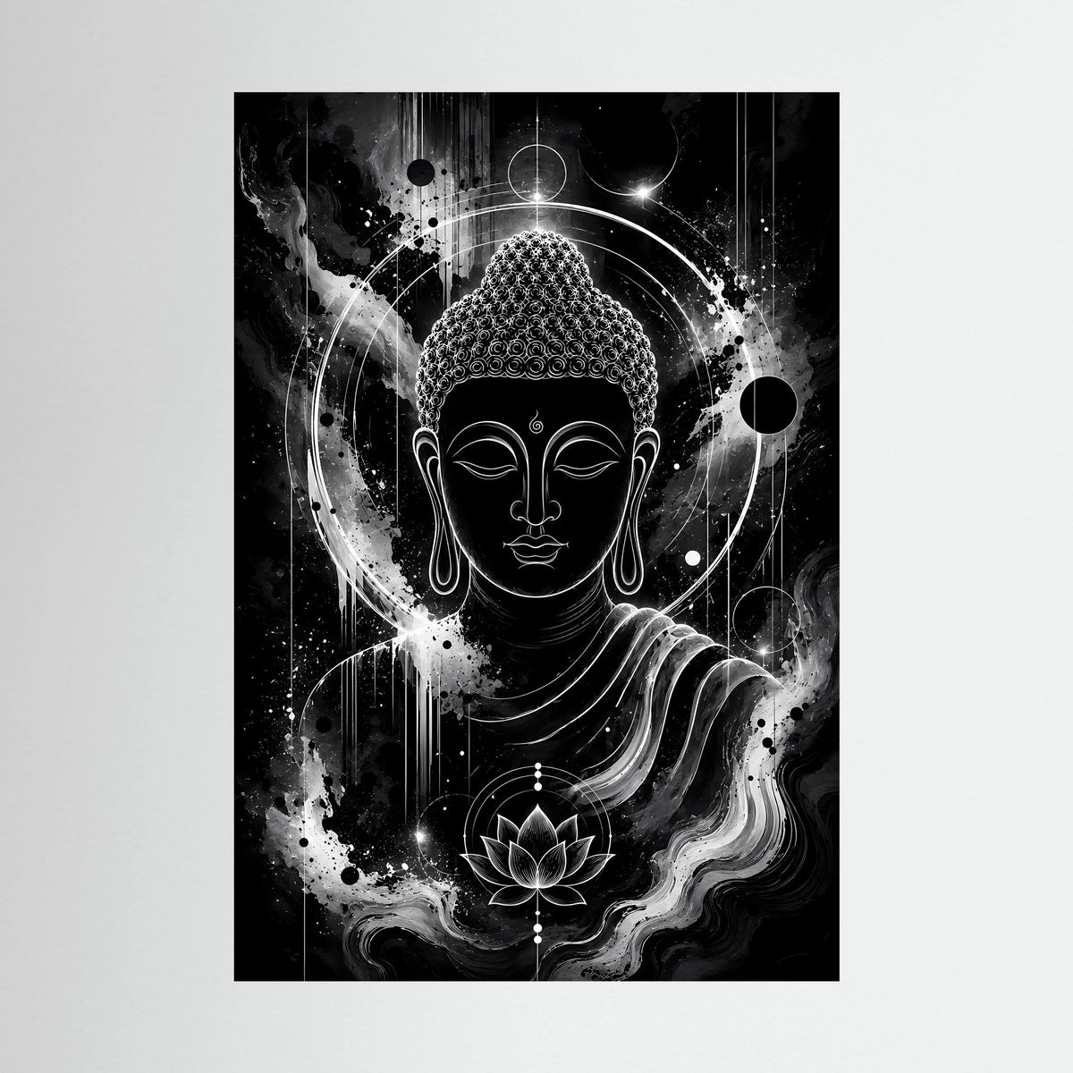 Hochformat-Poster mit Buddha in Schwarzweiß, Lotus und kosmischer Aura, komplett abgebildet