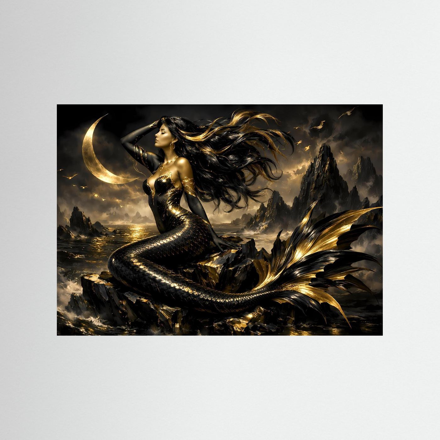 Fantasy-Wandposter: Meerjungfrau im Mondschein mit goldenen Flossen und wehenden Haaren