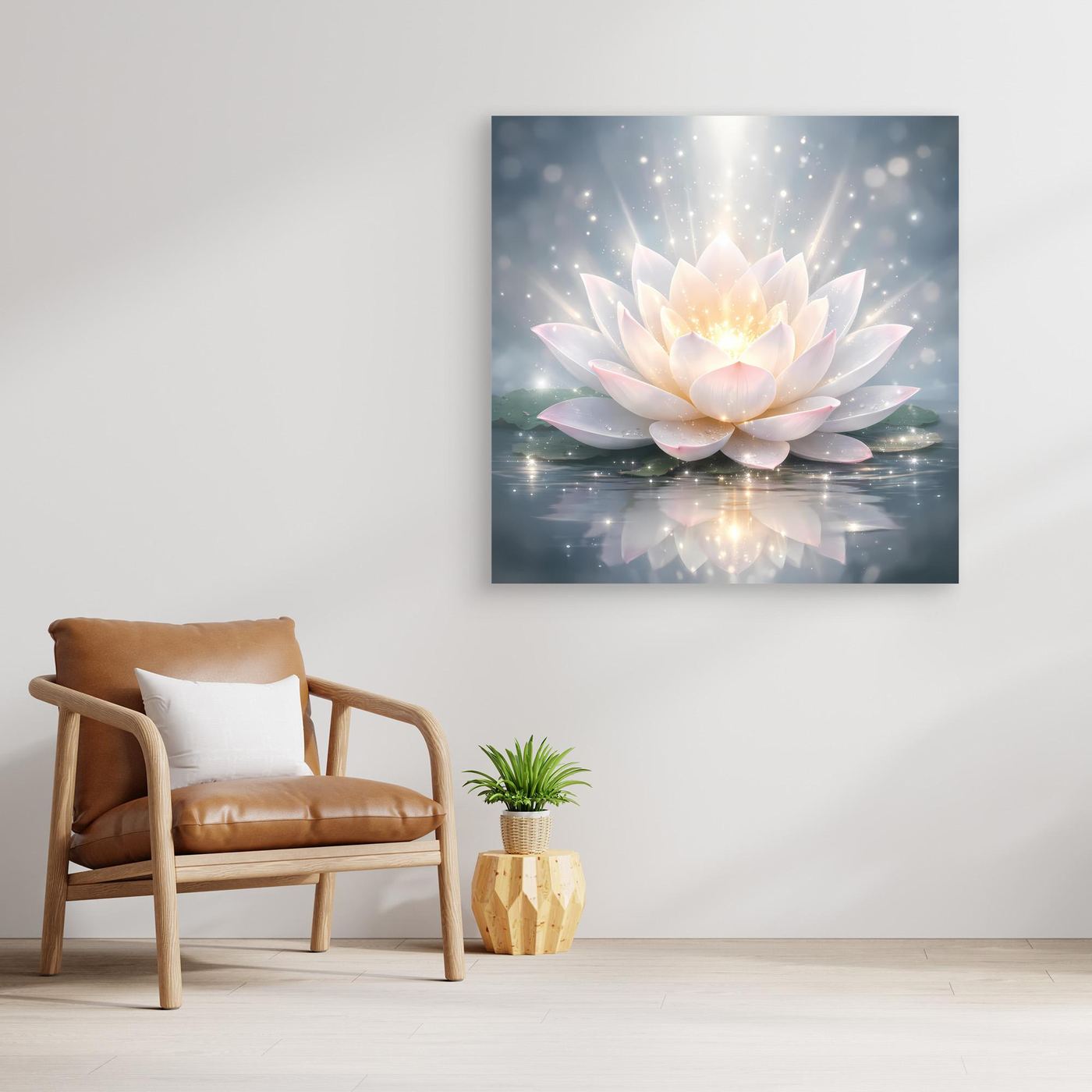 Leinwandbild mit leuchtender Lotusblüte, weiß-hellrosafarbene Blütenblätter