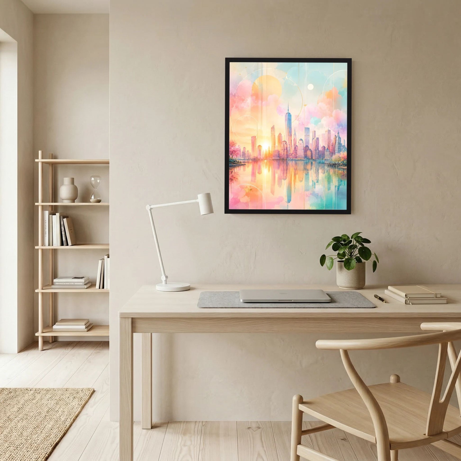 Kunstposter Hochformat mit abstrakter Skyline am Wasser in Pastellrosa, Türkis und Gold, schwarzer Rahmen