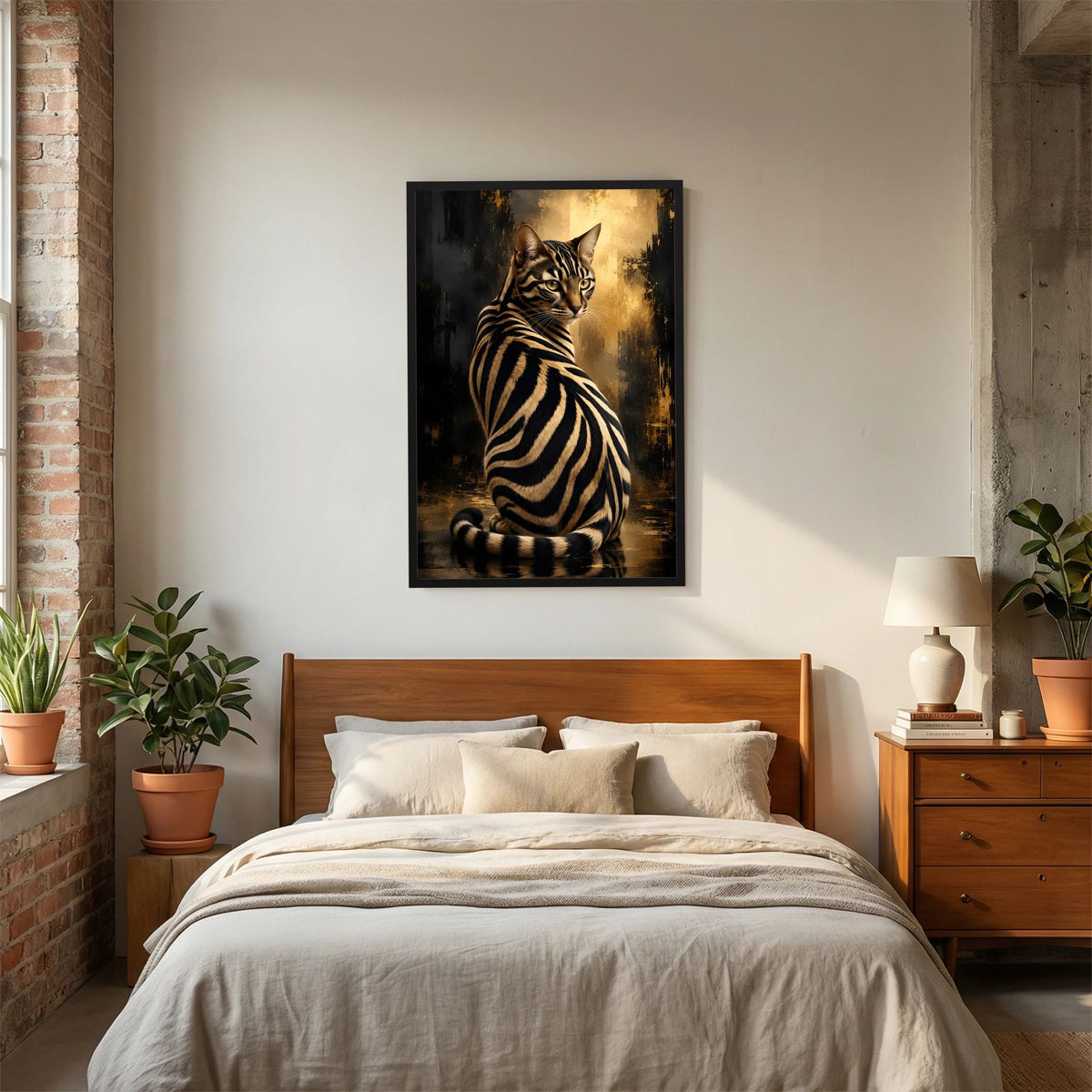 Poster Zebra-Katze in Schwarz und Gold, im schwarzen Rahmen