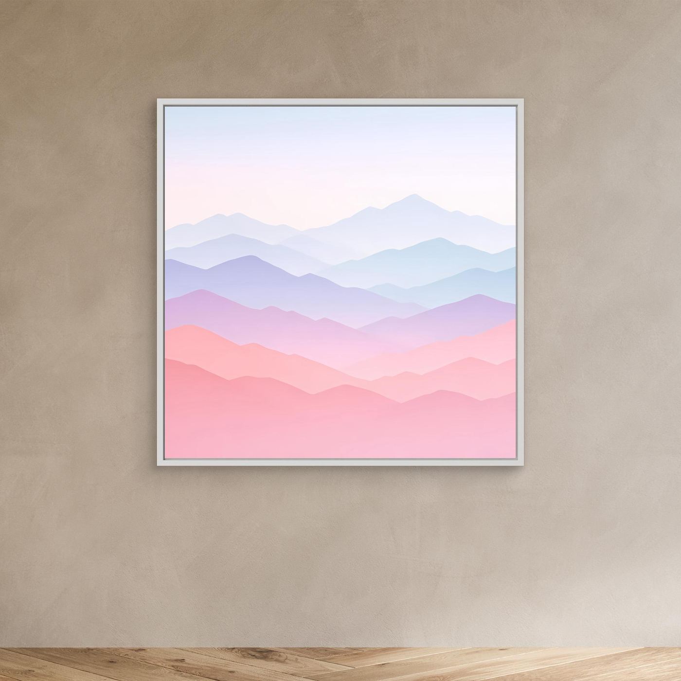 Leinwandbild Berglandschaft Pastellrosa und Blau mit weißem Rahmen, minimalistisches Motiv