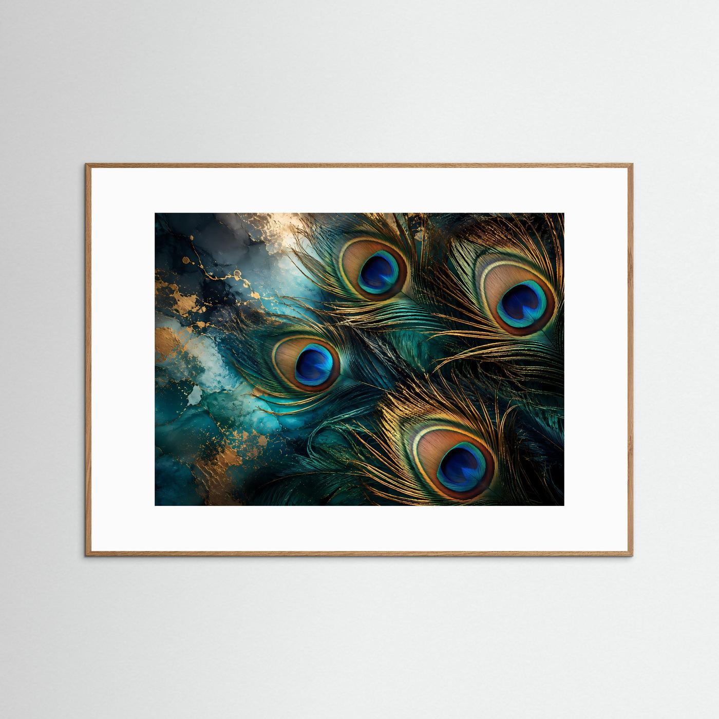 Pfauenfedern Poster | Elegante Pfauenfeder Wandkunst mit Goldakzenten | Luxuriöse Abstrakte Naturkunst | Türkis Blau Gold | Premium Leinwand & Wall Art
