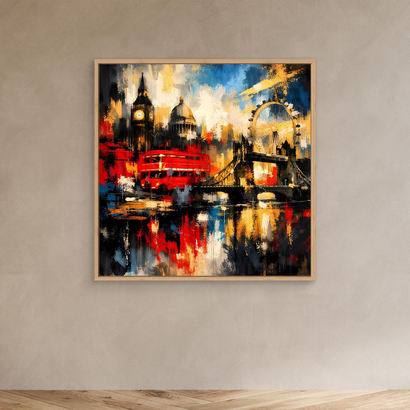 Leinwandbild abstrakte London-Skyline, bunt mit rotem Bus und Riesenrad, Holzrahmen